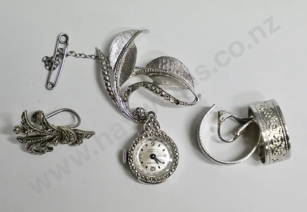 marcasite brooch watch, pair clip on earrings & single marcasite clip on earring Image 1++