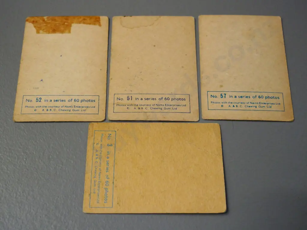 4 Beatles collector's cards, from a set of 60 published 1964 by N.E.M.S. / A&BC Chewing Gum Ltd - some damage Image 1++