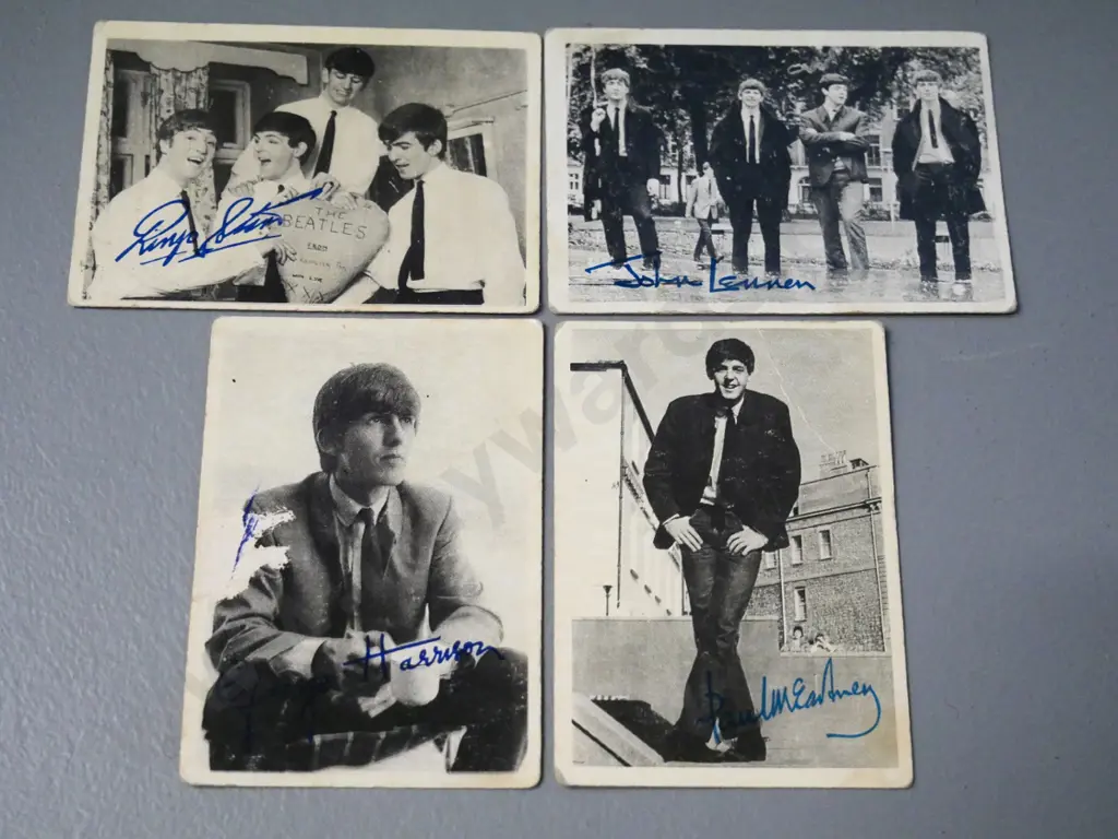 4 Beatles collector's cards, from a set of 60 published 1964 by N.E.M.S. / A&BC Chewing Gum Ltd - some damage Image 1++