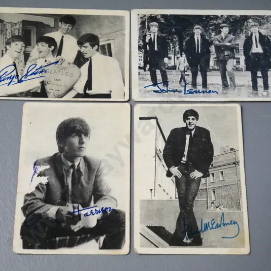 4 Beatles collector's cards, from a set of 60 published 1964 by N.E.M.S. / A&BC Chewing Gum Ltd - some damage