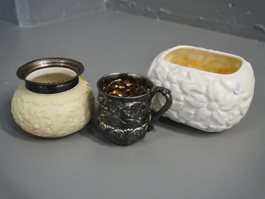 Locke sterling silver mounted vase, small Sylvac trough vase H-100, and a plated figured mug Made in USA Image 1++