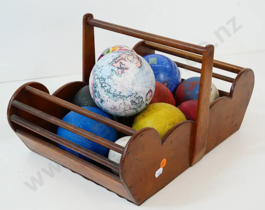 home-made wooden trug/basket with assorted decorative and sport balls H-200 L-380 W-230 Image 1++