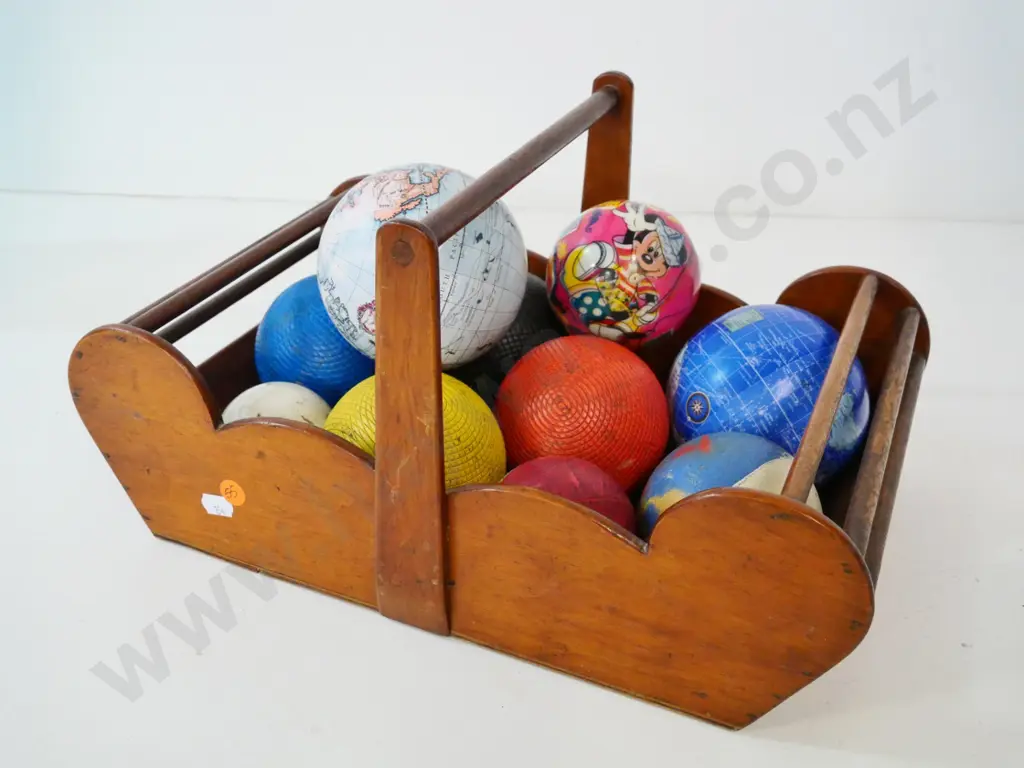 home-made wooden trug/basket with assorted decorative and sport balls H-200 L-380 W-230 Image 1++