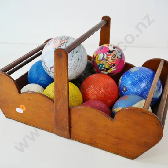 home-made wooden trug/basket with assorted decorative and sport balls H-200 L-380 W-230