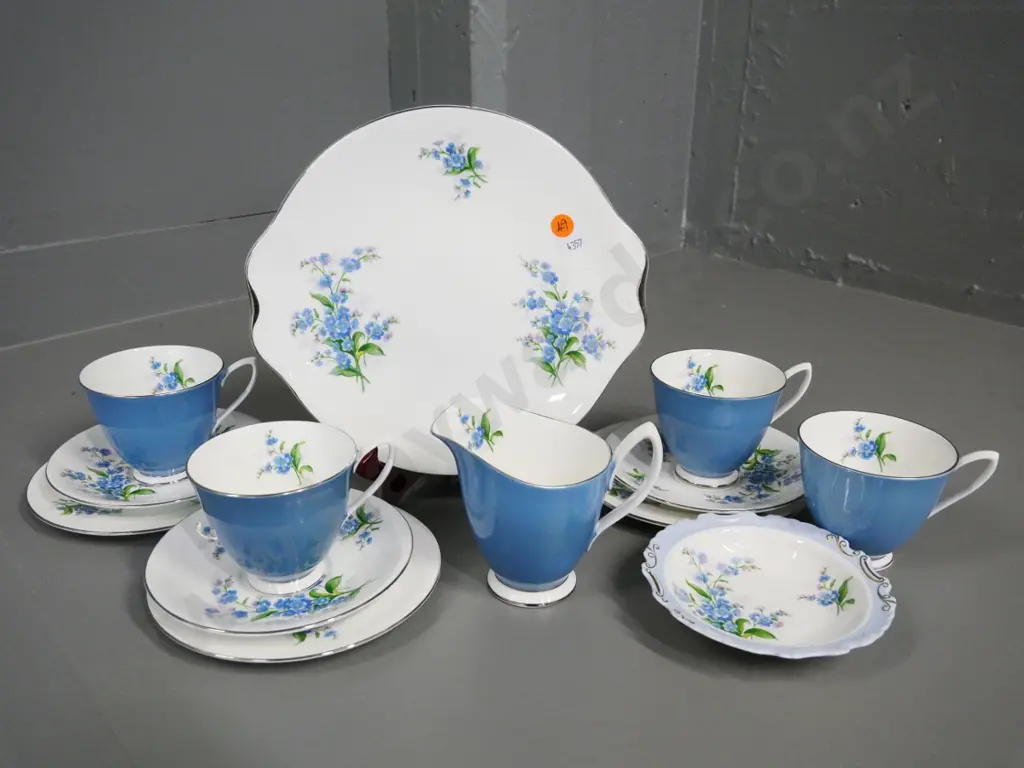 Royal Albert Forget-Me-Not ware cream jug, cake plate, sweet dish, 3 trios and a spare cup Image 1++