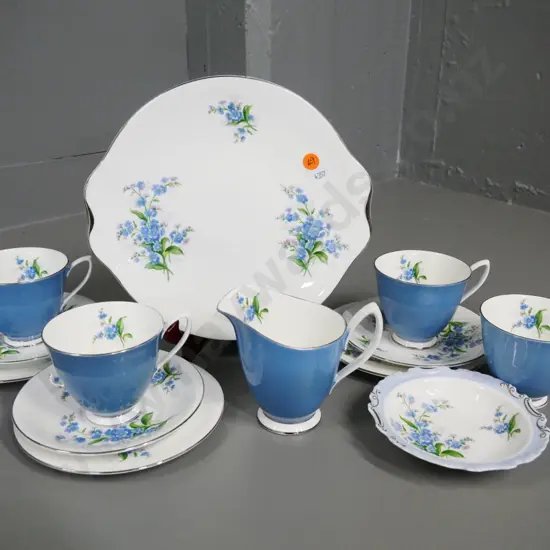 Royal Albert Forget-Me-Not ware cream jug, cake plate, sweet dish, 3 trios and a spare cup
