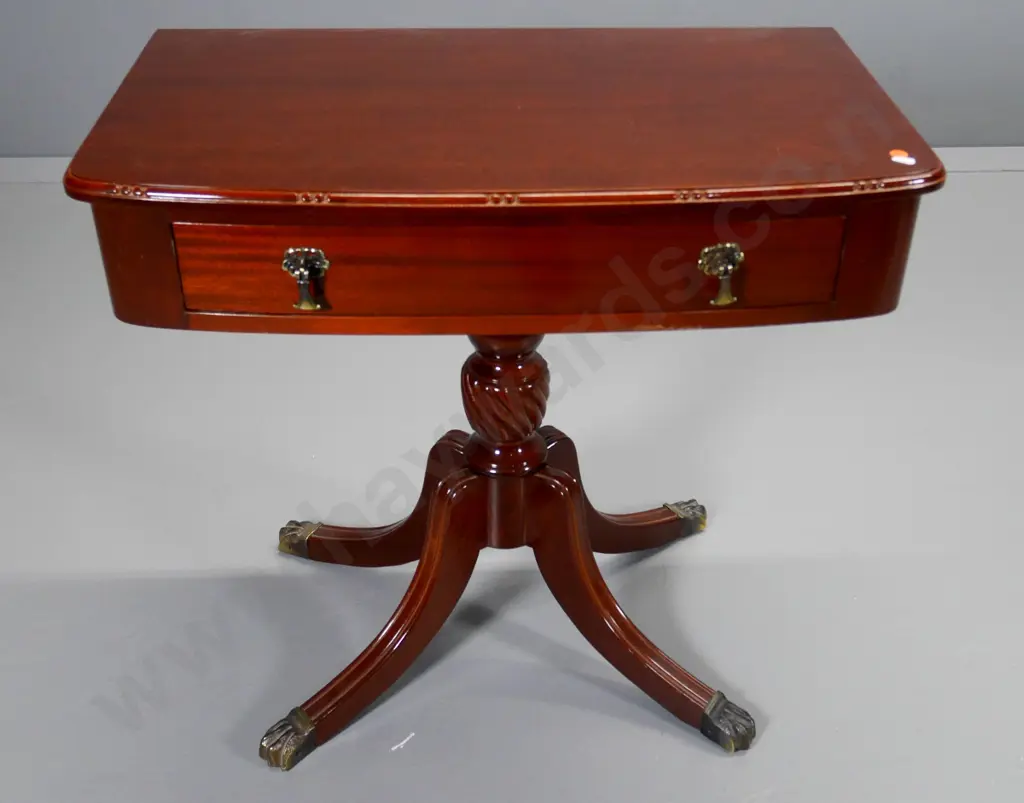 reproduction mahogany pedestal bow-front hall table with brass claw feet and single drawer H-660 W-700 D-400 Image 1++