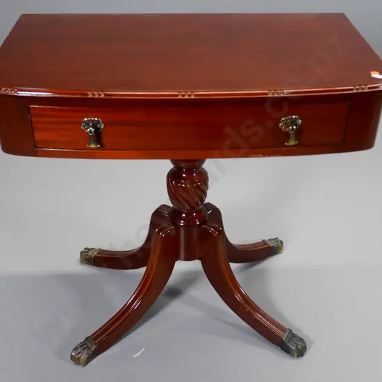 reproduction mahogany pedestal bow-front hall table with brass claw feet and single drawer H-660 W-700 D-400