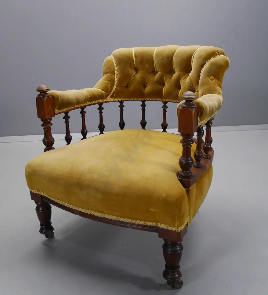 spindle back tub chair with deep-button back, gold velvet upholstery, original metal casters H-740 W-620 D-620 Image 1++