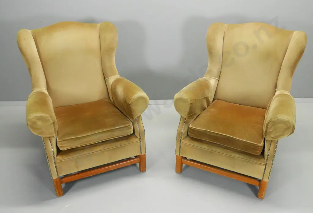 pair of wing-back armchairs with gold velvet upholstery, timber show-wood base H-980 W-770 D-800 Image 1++