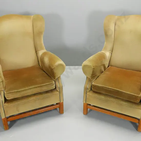pair of wing-back armchairs with gold velvet upholstery, timber show-wood base H-980 W-770 D-800