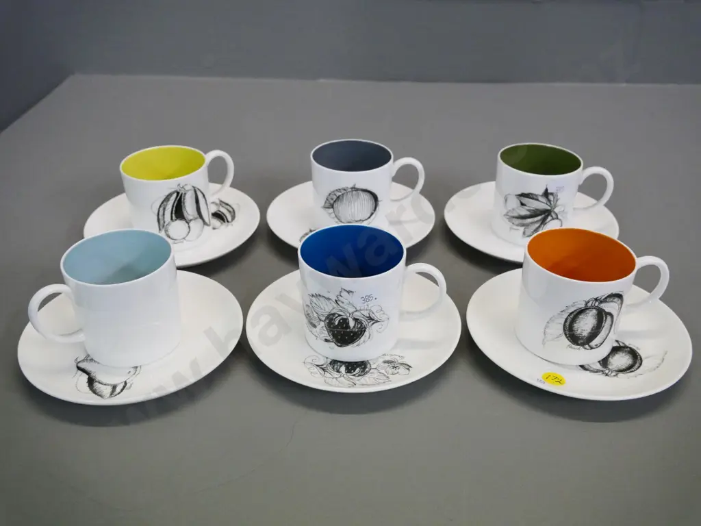 set of 6 Susie Cooper black and white fruit pattern coffee cans - various-coloured inside Image 1++