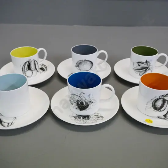 set of 6 Susie Cooper black and white fruit pattern coffee cans - various-coloured inside