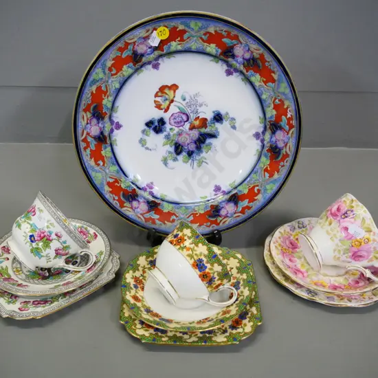 3 trios - 2 Aynsley and a Royal Albert Serena - and a cake plate marked C.M. & S.