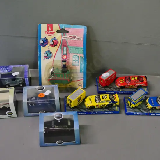 assorted die-cast vehicles - 4 boxed Oxford classics, 3 racing team sets, and plastic Thomas the Tank Engine