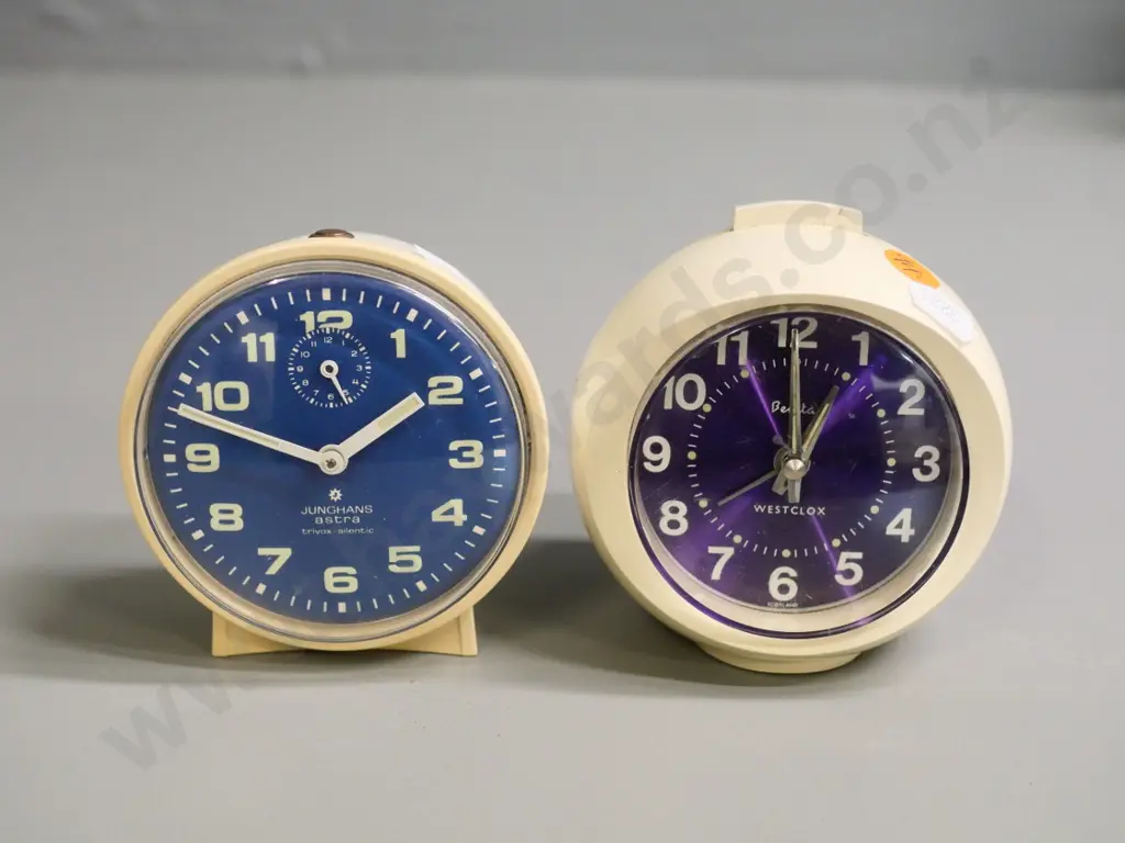 two retro wind-up plastic-cased bedside alarm clocks - Westclox Benita D-100 and Jungens Astra Image 1++