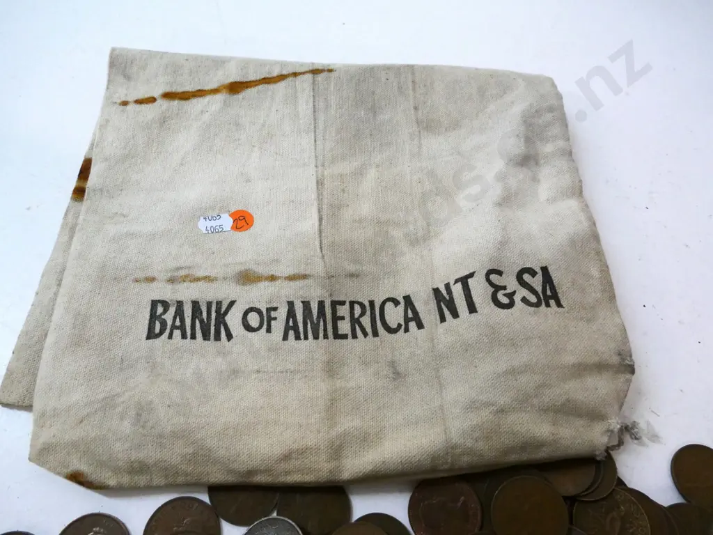cloth money bag full of assorted New Zealand copper pennies Image 1++