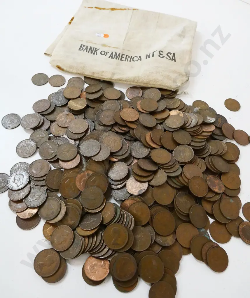 cloth money bag full of assorted New Zealand copper pennies Image 1++