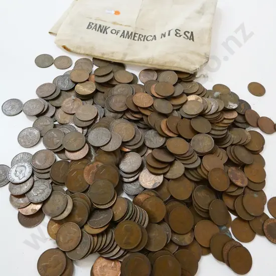 cloth money bag full of assorted New Zealand copper pennies