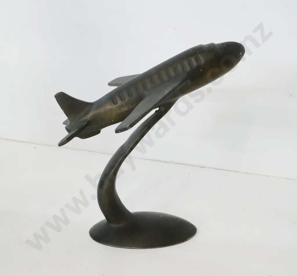 reproduction cast metal aeroplane on stand with aged brass colour finish H-240 W-220 Image 1++