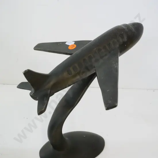 reproduction cast metal aeroplane on stand with aged brass colour finish H-240 W-220