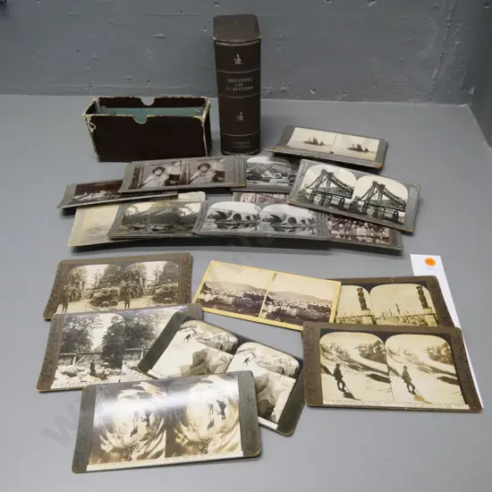 collection of stereo view cards - includes 7 New Zealand scenes, others international - wear and tear to cards & box