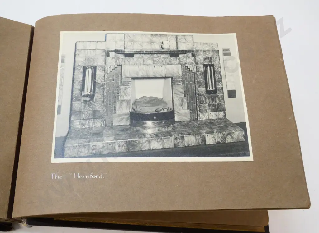 leather bound Briscoe & Co. Christchurch book of fireplace & hearth designs - photographs and  hand-written text Image 1++
