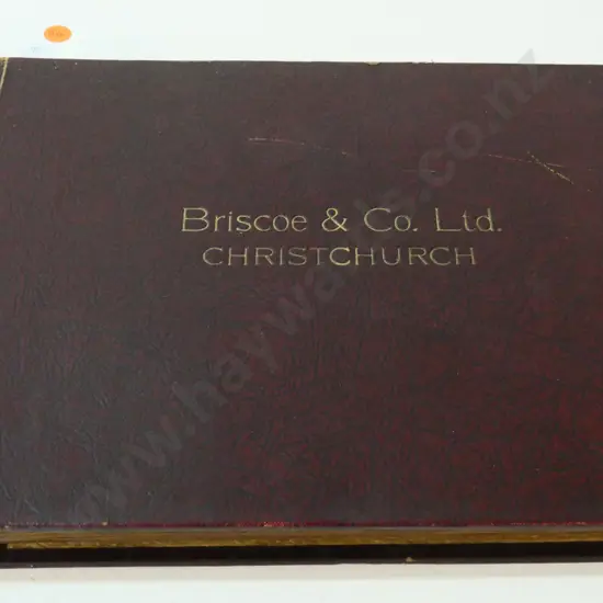 leather bound Briscoe & Co. Christchurch book of fireplace & hearth designs - photographs and  hand-written text