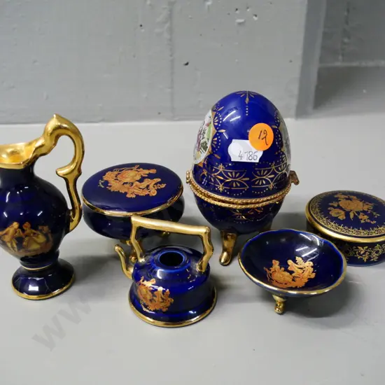 5 pieces cobalt and gold Limoges and an unmarked egg-shaped trinket H-110