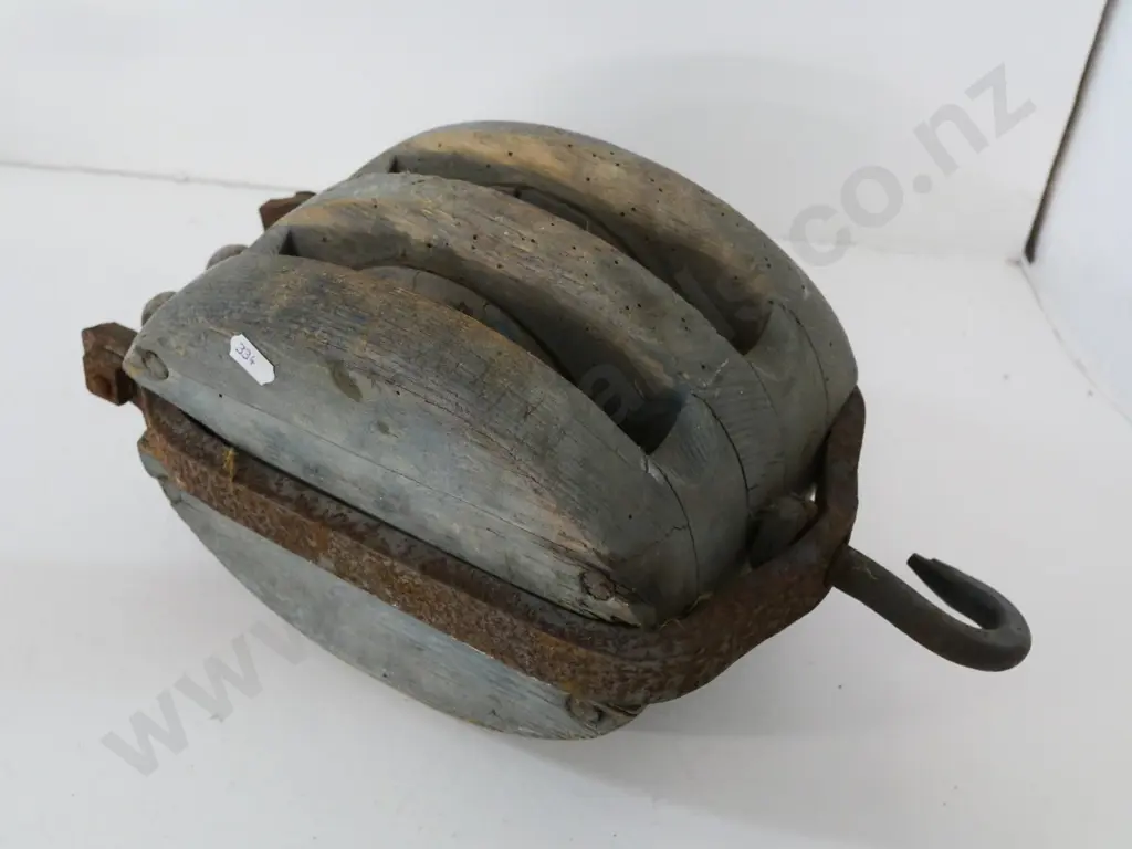 vintage wooden pulley with metal hook and frame - some borer and splits to pulley L-340 W-170 Image 1++