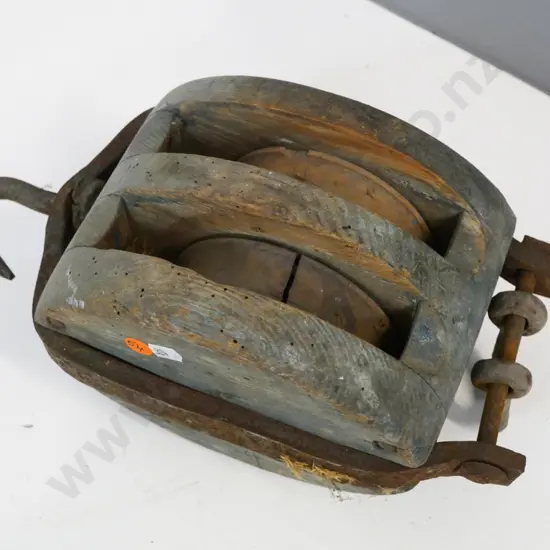 vintage wooden pulley with metal hook and frame - some borer and splits to pulley L-340 W-170