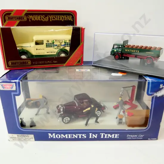 3 boxed die-cast model vehicles - 'Moments in Time' 1932 coupe, Matchbox Models of Yesteryear GMC van and one other