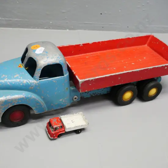 Fun Ho large tip truck w/2 mismatched wheels L-350 and small Fun Ho Bedford (in office) - wear and tear to both