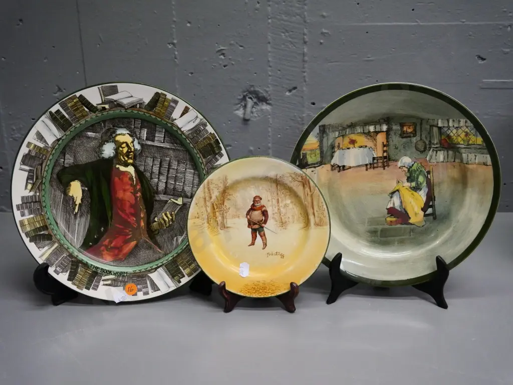 3 Royal Doulton cabinet plates - The Bookworm D-260, Falstaff, and a woman sewing Image 1++
