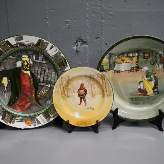 3 Royal Doulton cabinet plates - The Bookworm D-260, Falstaff, and a woman sewing