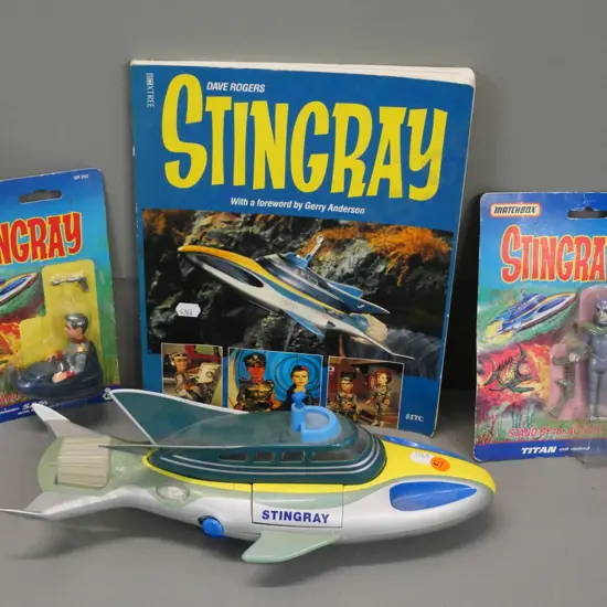 Stingray retro action figures and book including submarine with 2 figures, 2 carded figures - sub marked 1992