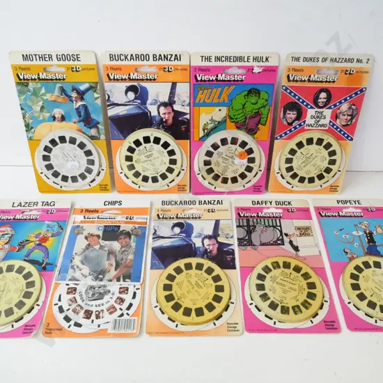 9 retro carded unopened Viewmaster 3-reel sets - Incredible Hulk, Chips, Popeye, etc.