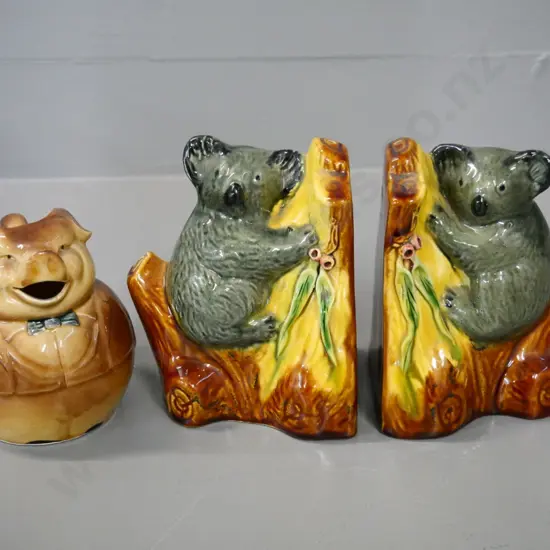 pair of porcelain koala book-ends H-130 W-100 and a pig-shaped jug - no maker's marks on any