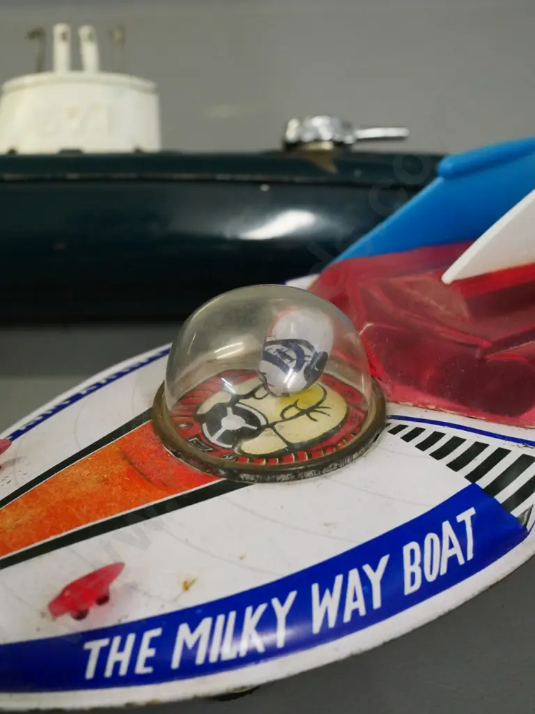 3 retro tin toy vehicles - friction drive Milky Way boat and car with waving driver, submarine may have missing parts Image 1++