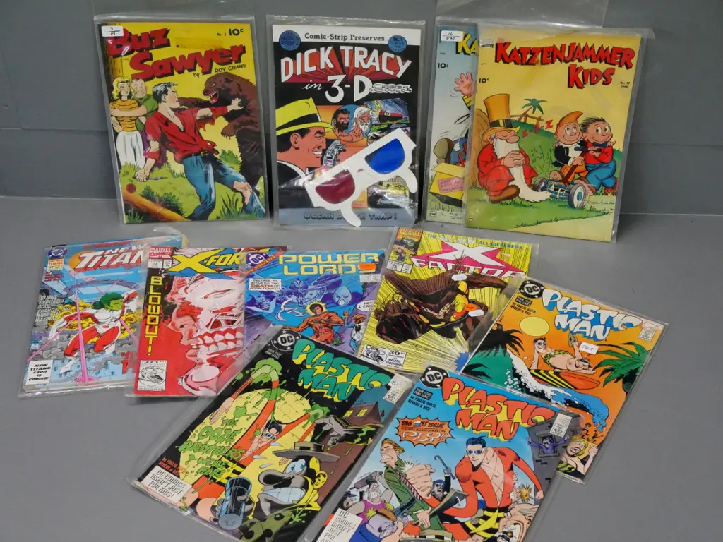 assorted 1990s comics in sleeves including X-Factor, Plastic Man, Powerlord, Dick Tracy with 3D glasses Image 1++