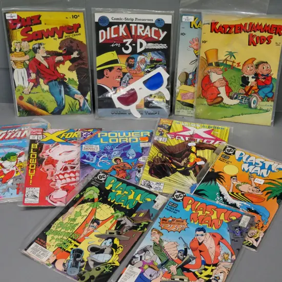 assorted 1990s comics in sleeves including X-Factor, Plastic Man, Powerlord, Dick Tracy with 3D glasses
