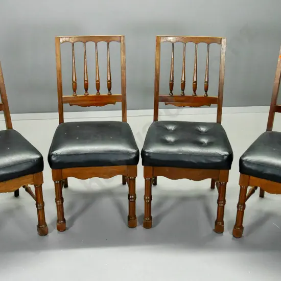 set of 4 mahogany splindle-back dining chairs with fluted legs, vinyl upholstered seats, buttons missing on 3 H900 W450