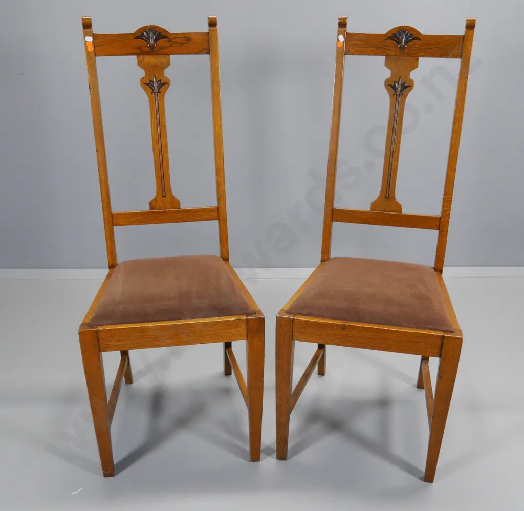 2 Edwardian oak dining chairs with carved backs and textured velvet upholstered seats H-1120 W-440 D-440 Image 1++