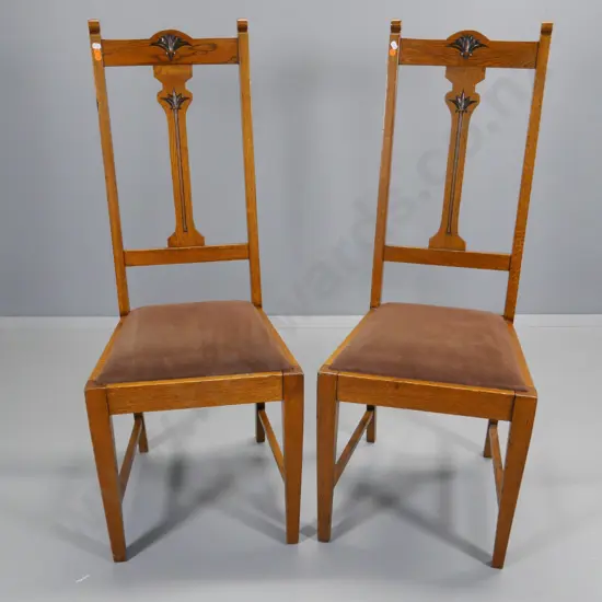 2 Edwardian oak dining chairs with carved backs and textured velvet upholstered seats H-1120 W-440 D-440