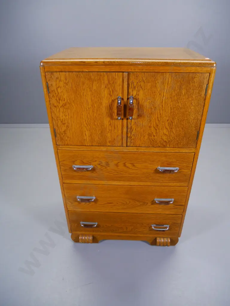 deco oak bedroom chest with 2 doors and 3 drawers, original chrome & bakelite handles H-1020 W-630 D-420 Image 1++