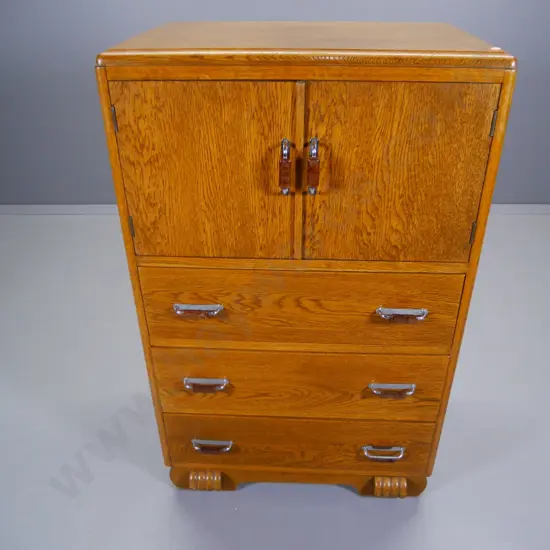 deco oak bedroom chest with 2 doors and 3 drawers, original chrome & bakelite handles H-1020 W-630 D-420