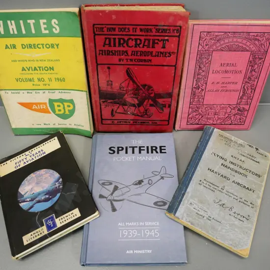 6 aviation books, some vintage - Spitfire manual, RNZAF instructor's handbook, etc.