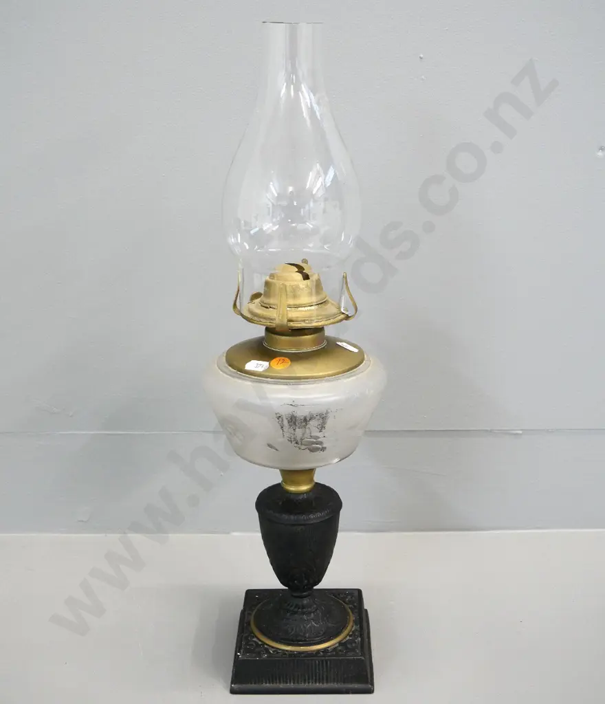vintage metal and etched glass kerosene lamp - crack to etched glass section. H-500 including chimney Image 1++