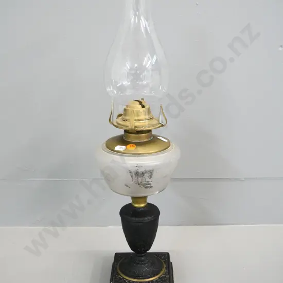 vintage metal and etched glass kerosene lamp - crack to etched glass section. H-500 including chimney