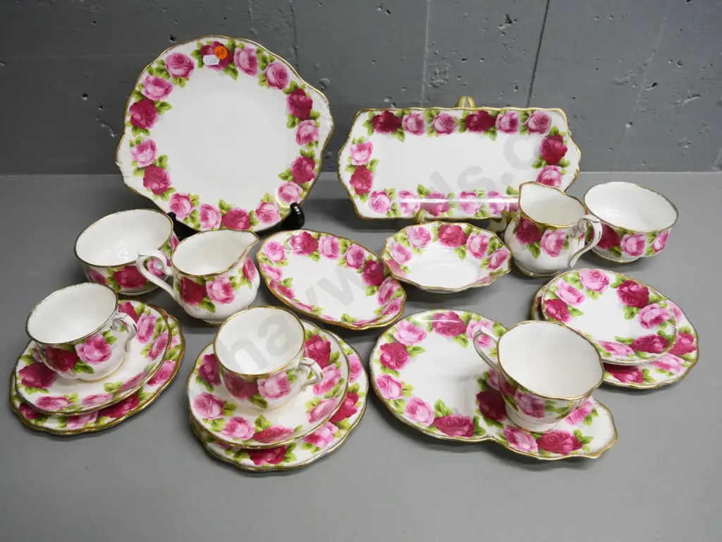 assorted Royal Albert Old English Rose china teaware - 2 trios, 2 creams, 2 sugars, cake plate, sandwich tray, etc. Image 1++